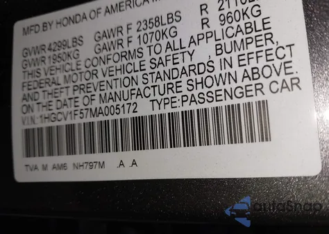 2021 Honda Accord Ex-L из США, поврежденный, VIN 1HGCV1F57MA005172